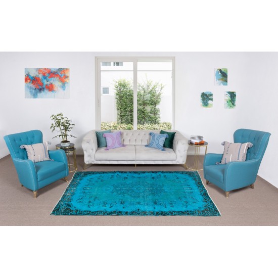 Contemporary Hand-Knotted Area Rug. Vintage Turkish Wool Carpet Over-Dyed in Teal Color