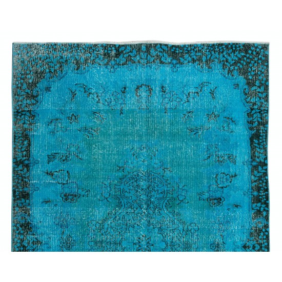 Contemporary Hand-Knotted Area Rug. Vintage Turkish Wool Carpet Over-Dyed in Teal Color Contemporary Hand-Knotted Area Rug. Vintage Turkish Wool Carpet Over-Dyed in Teal Color
