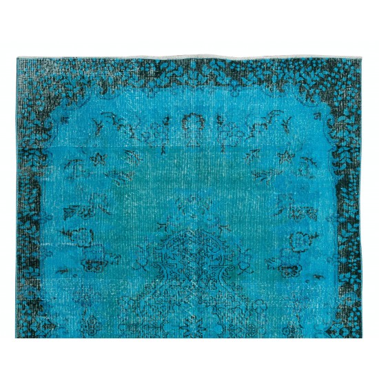 Contemporary Hand-Knotted Area Rug. Vintage Turkish Wool Carpet Over-Dyed in Teal Color