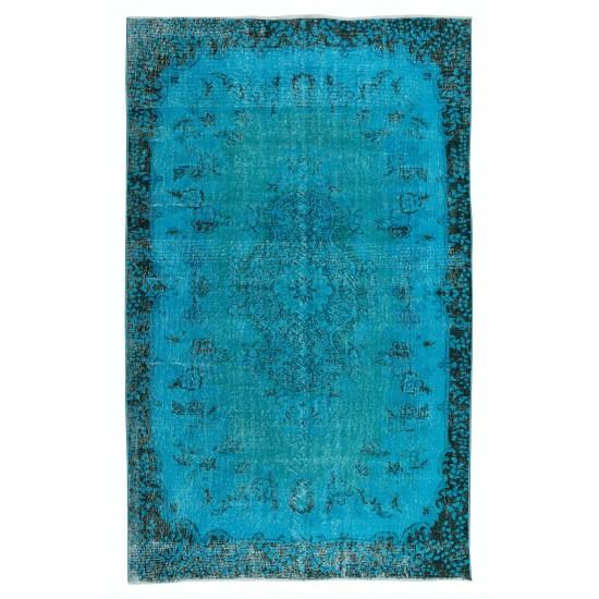 Contemporary Hand-Knotted Area Rug. Vintage Turkish Wool Carpet Over-Dyed in Teal Color