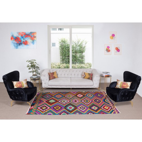 Dazzling Handmade Turkish Wool Kilim, One of a Kind Flat-Weave Rug, Floor Covering