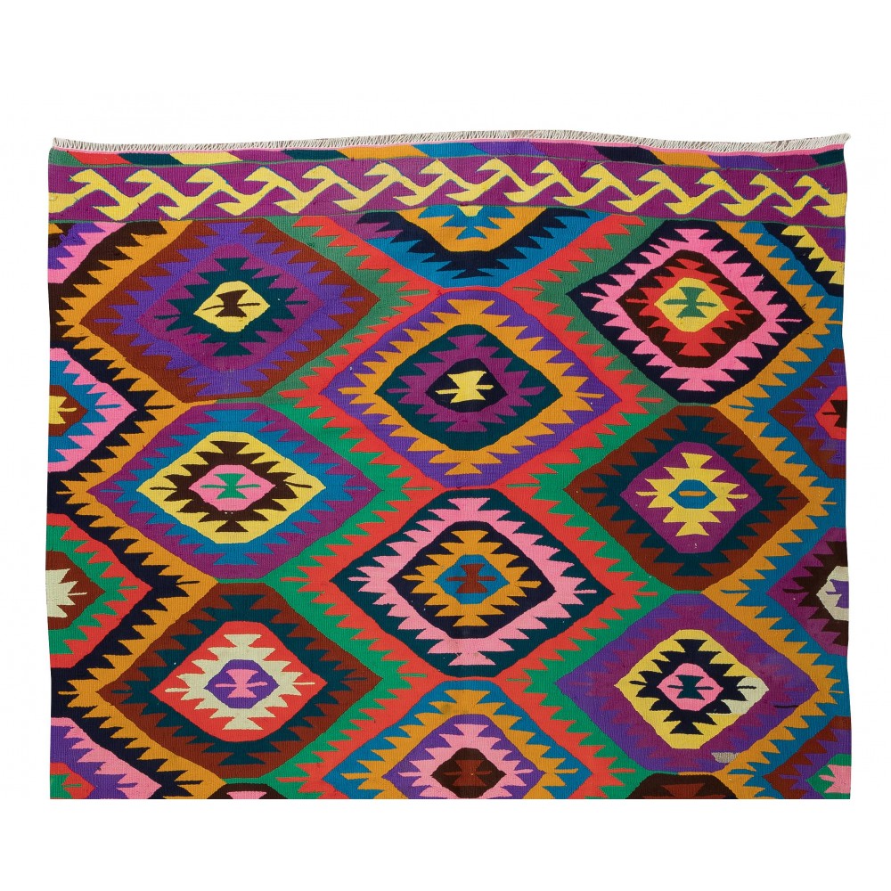 Dazzling Handmade Turkish Wool Kilim, One of a Kind Flat-Weave Rug, Floor Covering