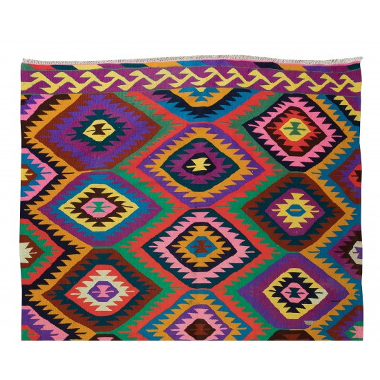 Dazzling Handmade Turkish Wool Kilim, One of a Kind Flat-Weave Rug, Floor Covering