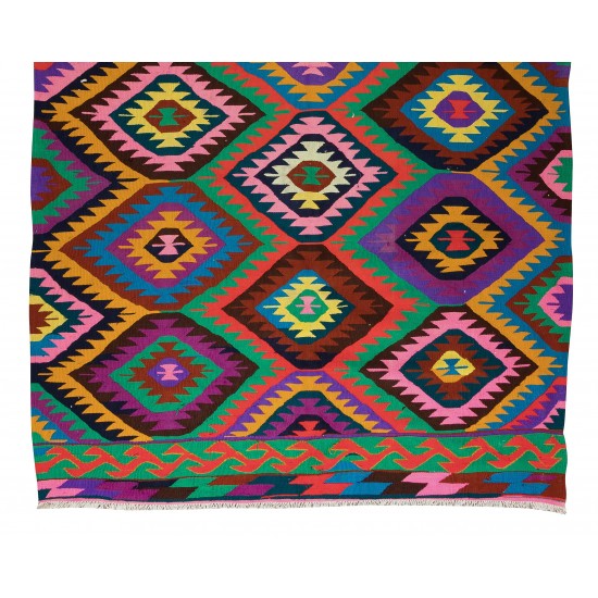 Dazzling Handmade Turkish Wool Kilim, One of a Kind Flat-Weave Rug, Floor Covering