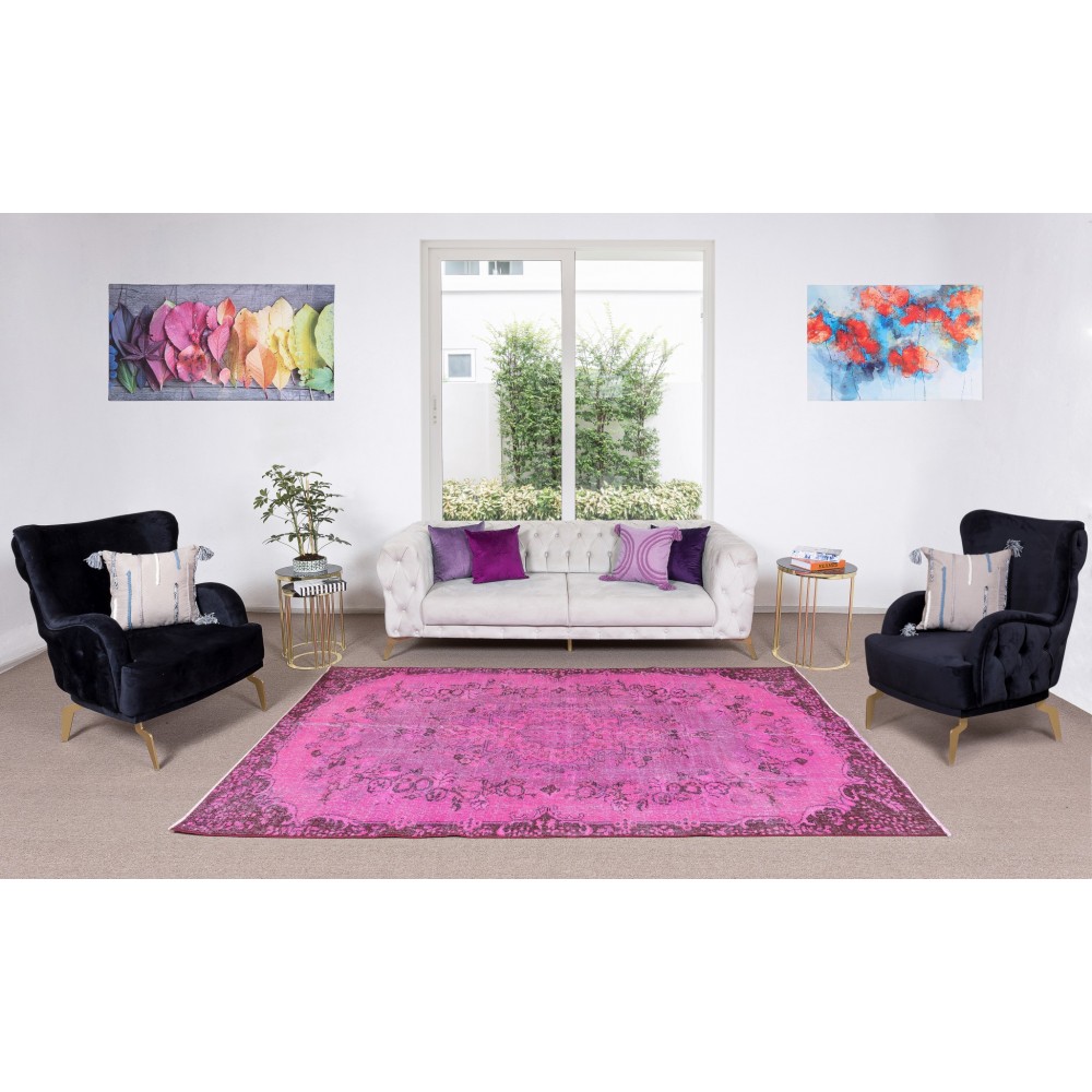 Pink Overdyed Rug from Turkey, Hand Knotted Floral Medallion Design Carpet