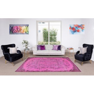 Pink Overdyed Rug from Turkey, Hand Knotted Floral Medallion Design Carpet
