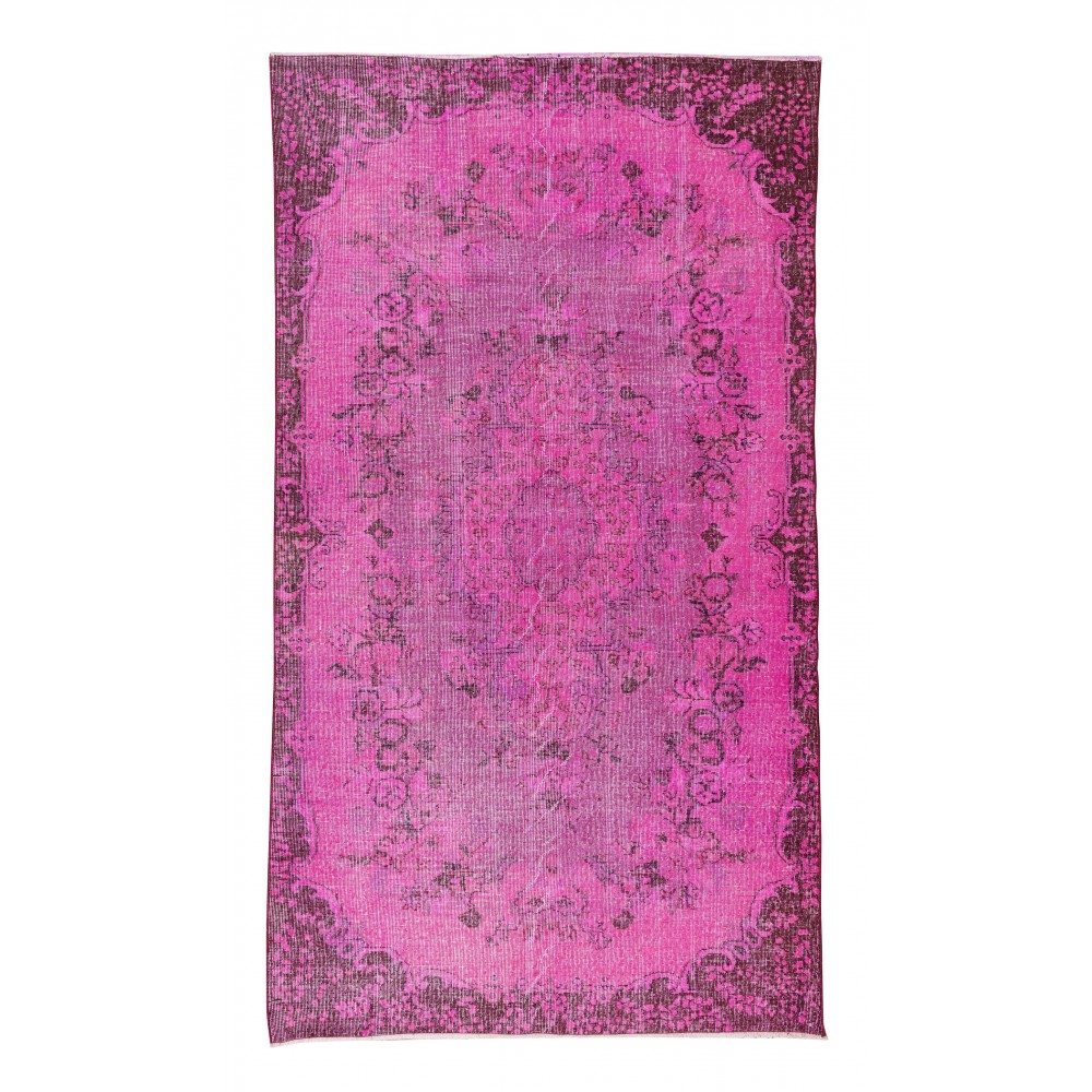Pink Overdyed Rug from Turkey, Hand Knotted Floral Medallion Design Carpet
