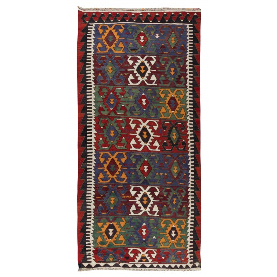 Multicolor Hand-Woven Turkish Vintage Wool Kilim, Flat-weave Rug