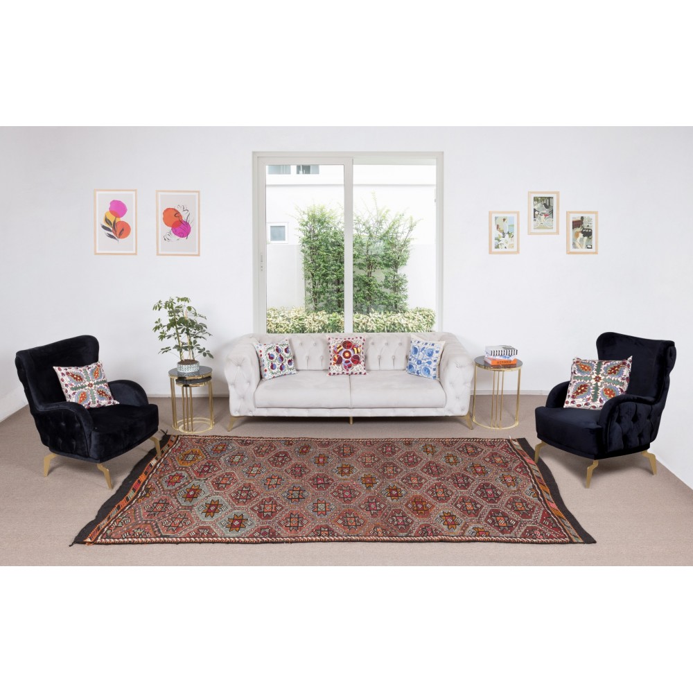 Vintage Turkish Jajim Kilim Rug, One of a Kind Hand-Woven Carpet Made of Wool