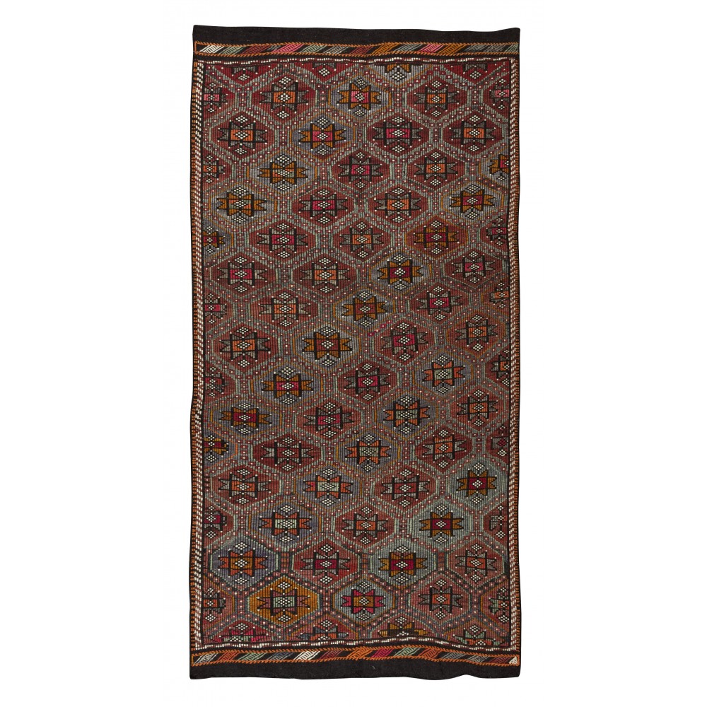 Vintage Turkish Jajim Kilim Rug, One of a Kind Hand-Woven Carpet Made of Wool