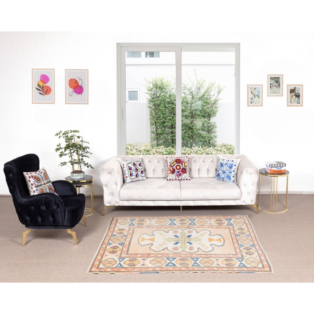 Handmade Turkish Geometric Patterned Area Rug for Office and Home Decor, 100% Wool