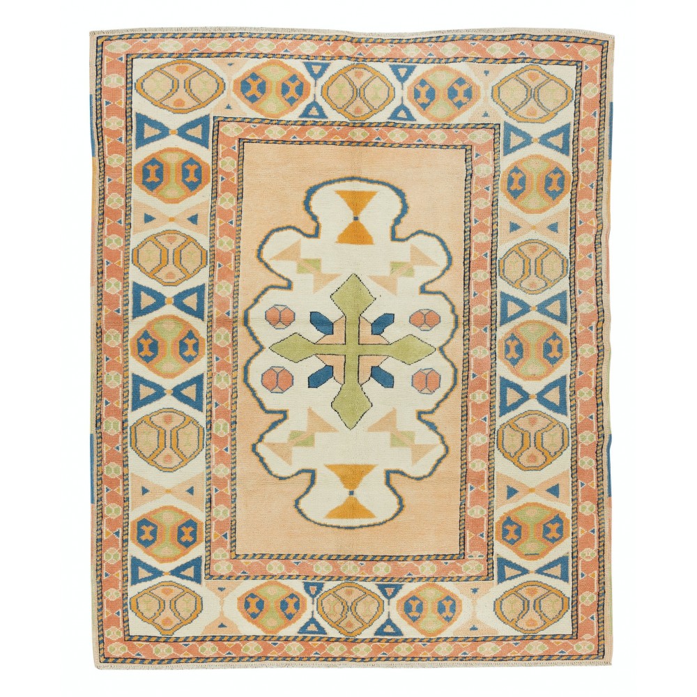 Handmade Turkish Geometric Patterned Area Rug for Office and Home Decor, 100% Wool