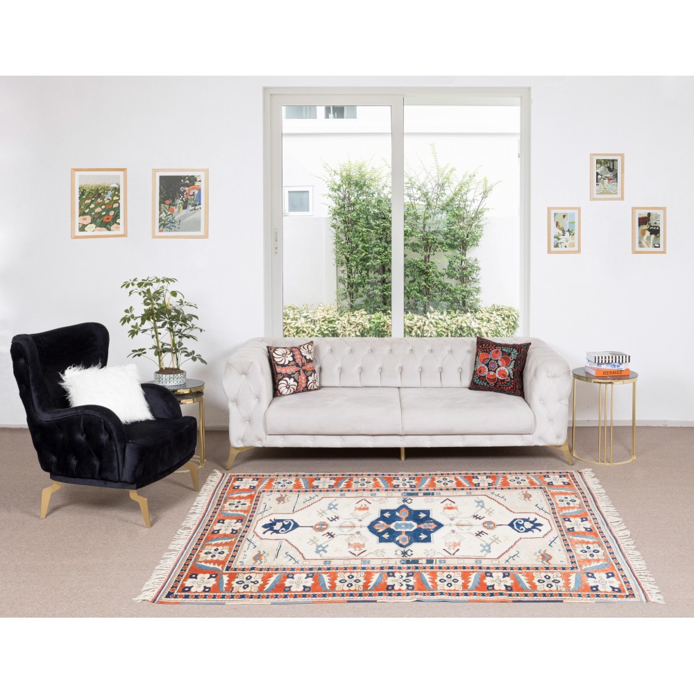 Handmade Turkish Geometric Patterned Area Rug for Office and Home Decor, 100% Wool