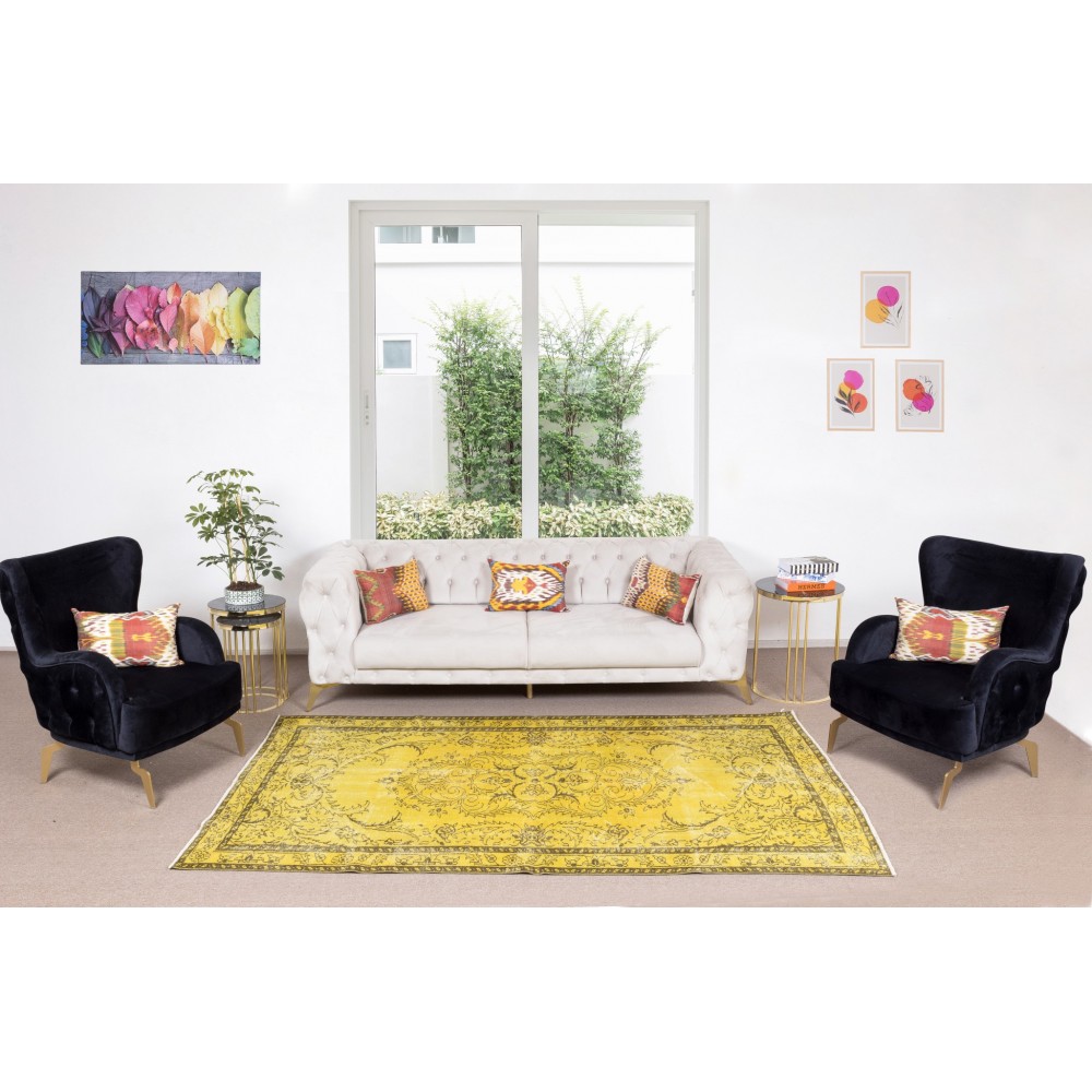 Medallion Pattern Yellow Over-dyed Rug, Modern Turkish Handmade Carpet