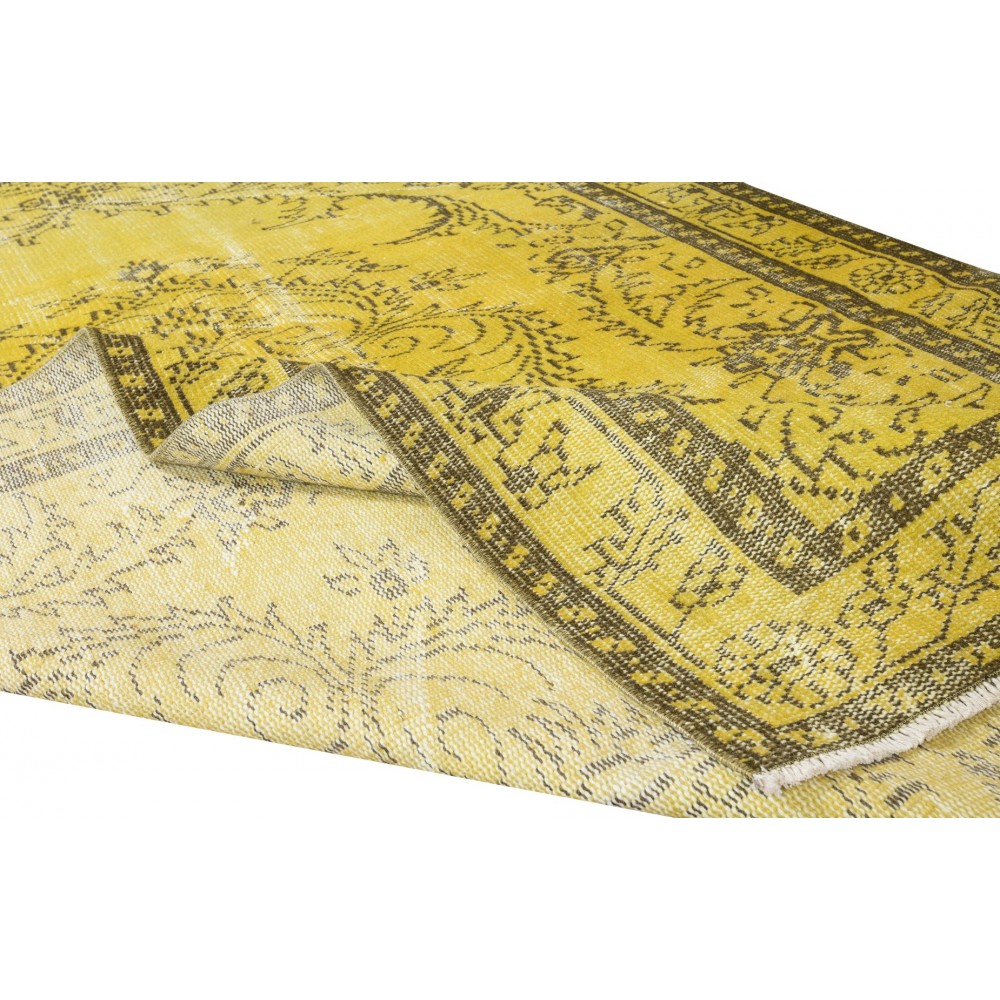 Medallion Pattern Yellow Over-dyed Rug, Modern Turkish Handmade Carpet