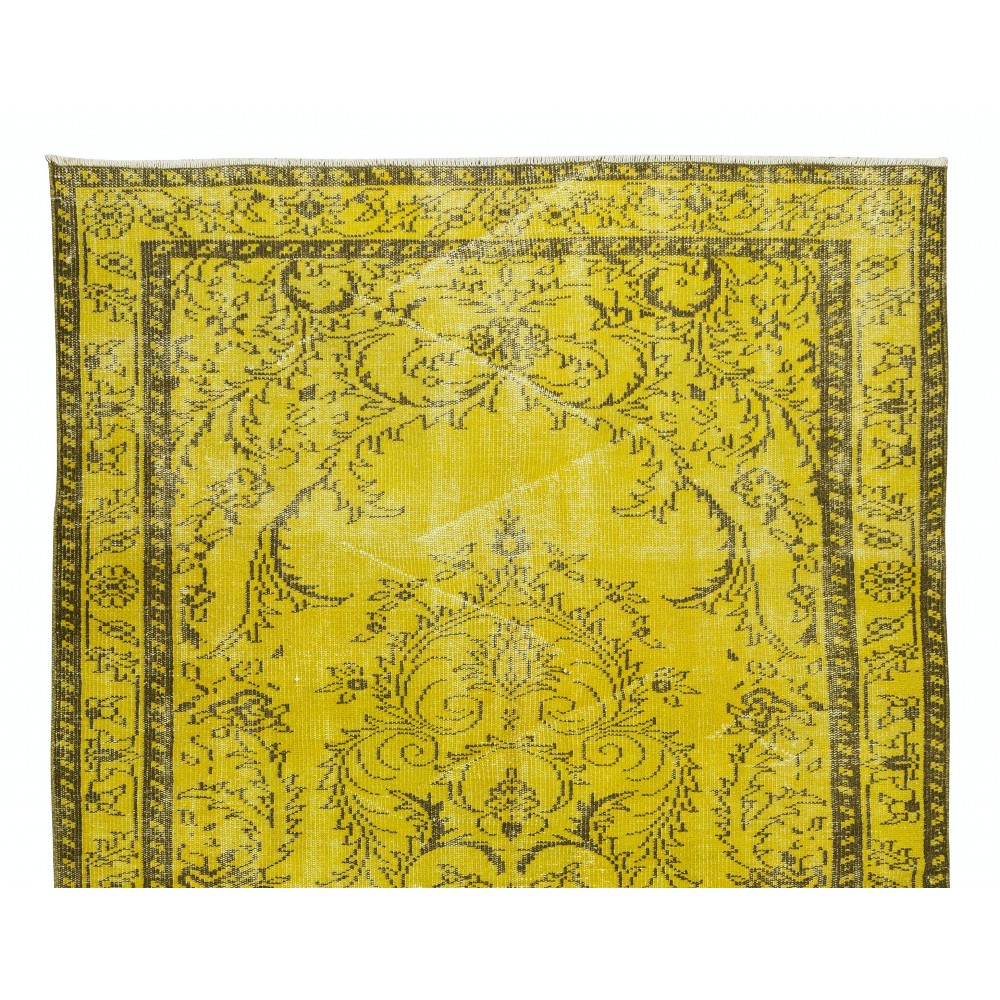 Medallion Pattern Yellow Over-dyed Rug, Modern Turkish Handmade Carpet