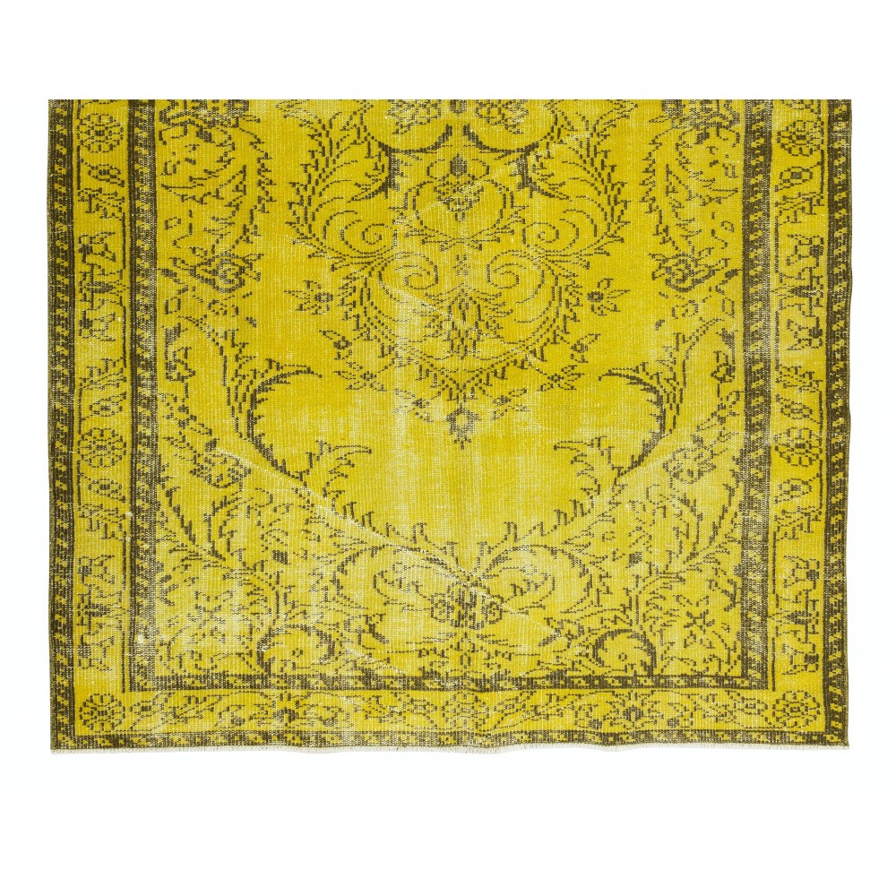 Medallion Pattern Yellow Over-dyed Rug, Modern Turkish Handmade Carpet