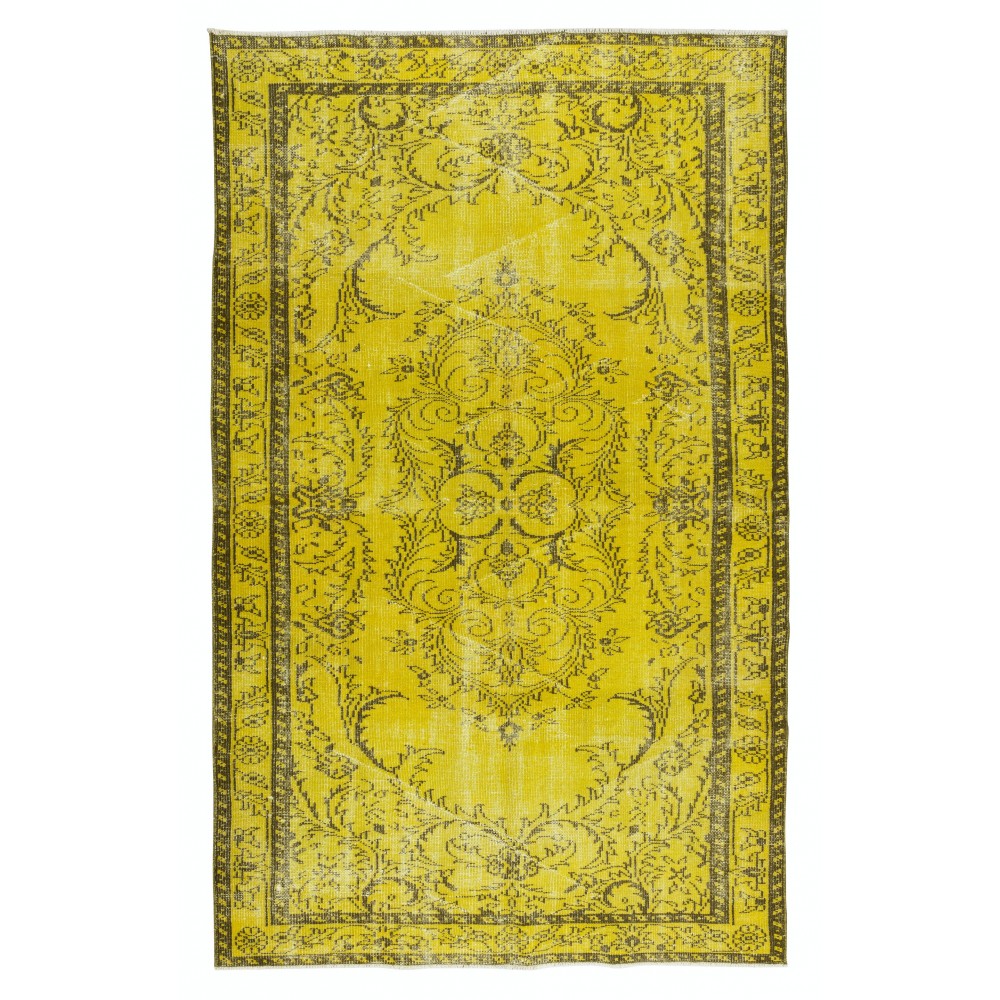 Medallion Pattern Yellow Over-dyed Rug, Modern Turkish Handmade Carpet