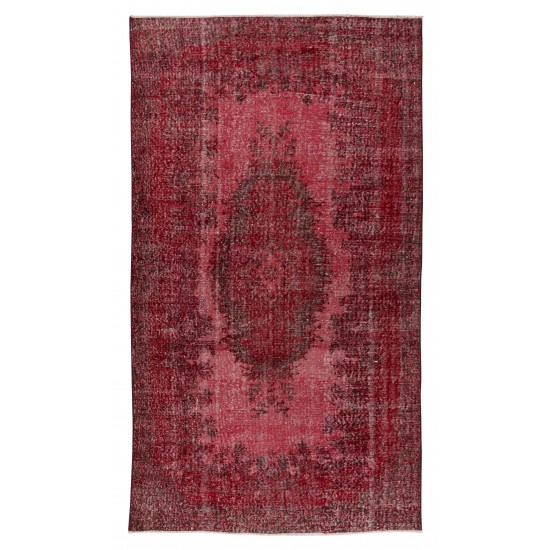 Authentic Red Re-Dyed Rug from Turkey, Hand Knotted Floral Medallion Design Carpet