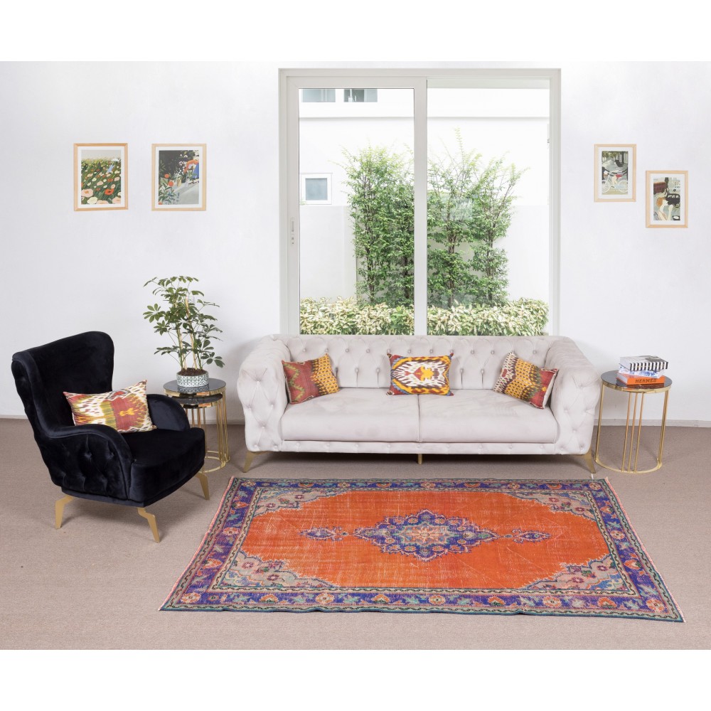 Vintage Handmade Turkish Rug in Burnt Orange, Purple, Blue & Green Color with Medallion Design