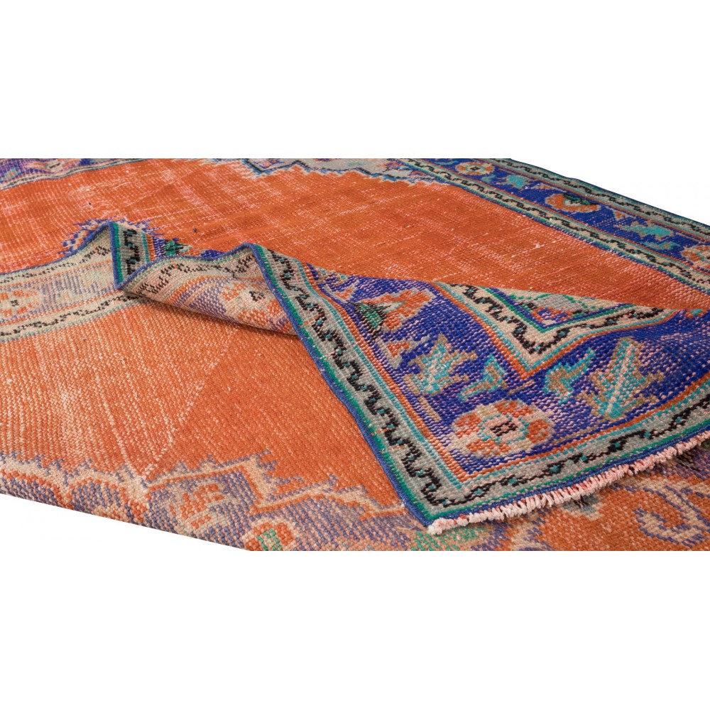 Vintage Handmade Turkish Rug in Burnt Orange, Purple, Blue & Green Color with Medallion Design