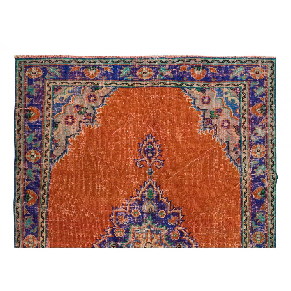 Vintage Handmade Turkish Rug in Burnt Orange, Purple, Blue & Green Color with Medallion Design