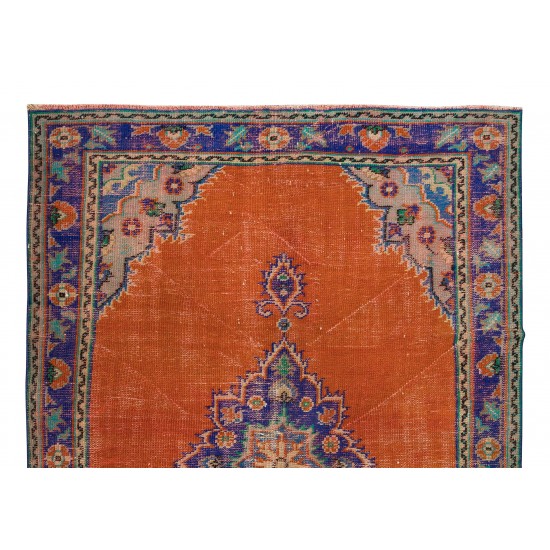 Handmade Central Anatolian Vintage Rug in Burnt Orange, Purple, Blue & Green Color with Medallion Design