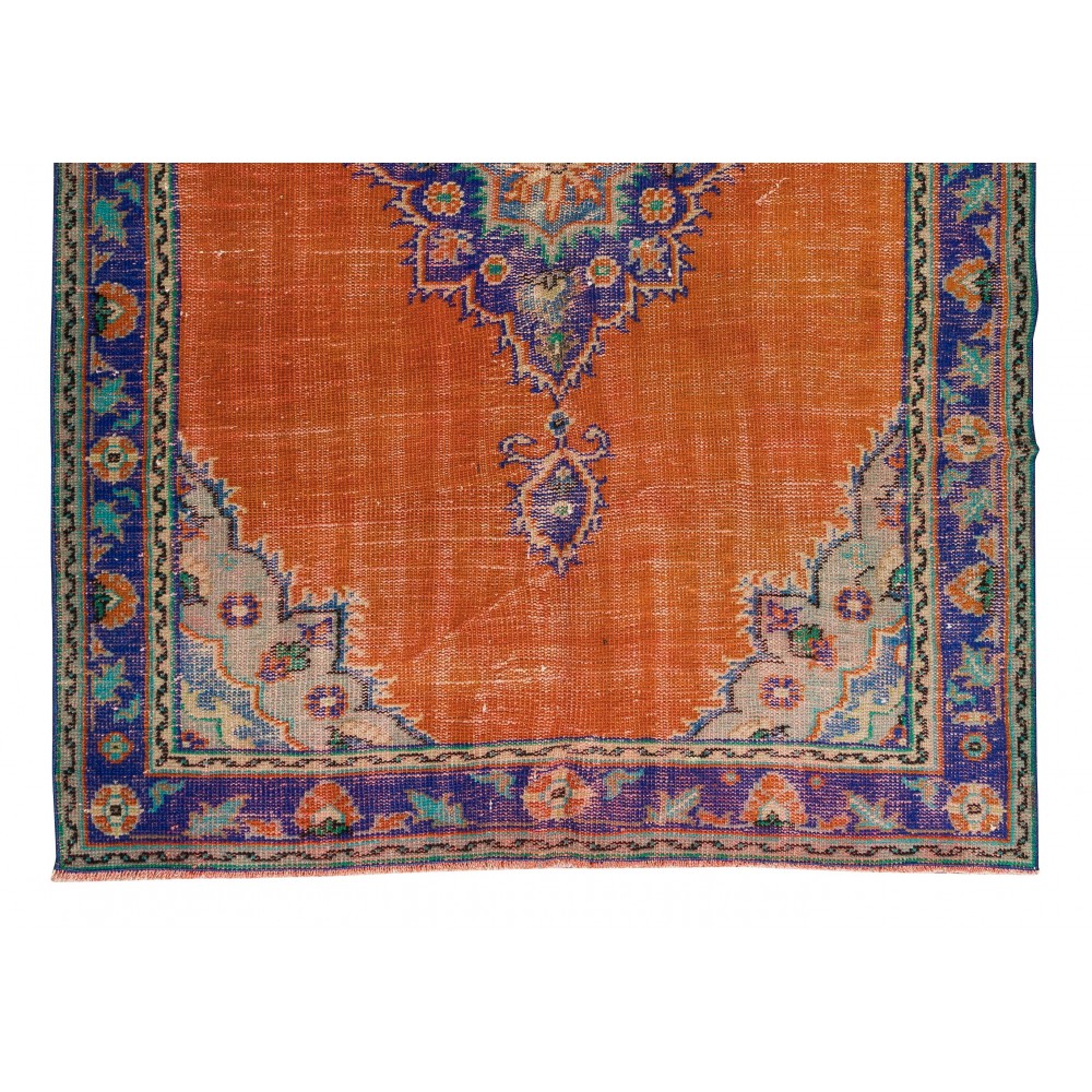 Vintage Handmade Turkish Rug in Burnt Orange, Purple, Blue & Green Color with Medallion Design