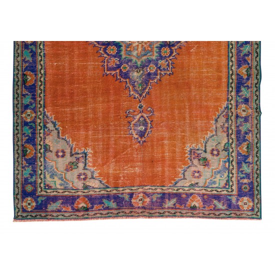 Handmade Central Anatolian Vintage Rug in Burnt Orange, Purple, Blue & Green Color with Medallion Design