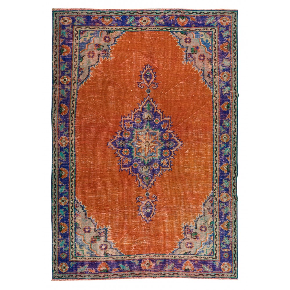Vintage Handmade Turkish Rug in Burnt Orange, Purple, Blue & Green Color with Medallion Design