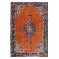 Vintage Handmade Turkish Rug in Burnt Orange, Purple, Blue & Green Color with Medallion Design