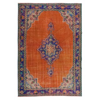 Vintage Handmade Turkish Rug in Burnt Orange, Purple, Blue & Green Color with Medallion Design