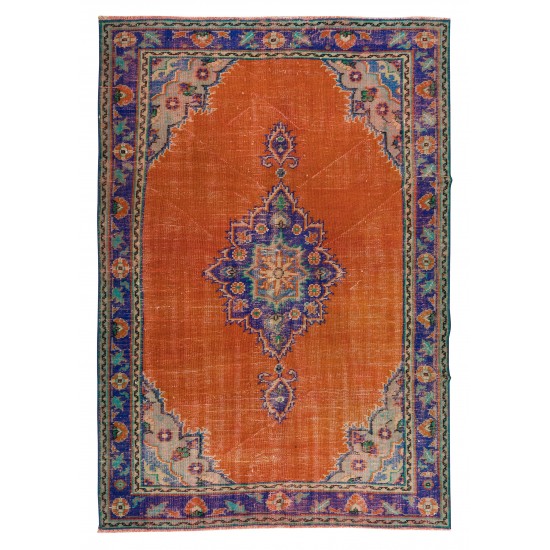 Handmade Central Anatolian Vintage Rug in Burnt Orange, Purple, Blue & Green Color with Medallion Design
