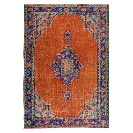 Handmade Central Anatolian Vintage Rug in Burnt Orange, Purple, Blue & Green Color with Medallion Design Handmade Central Anatolian Vintage Rug in Burnt Orange, Purple, Blue & Green Color with Medallion Design