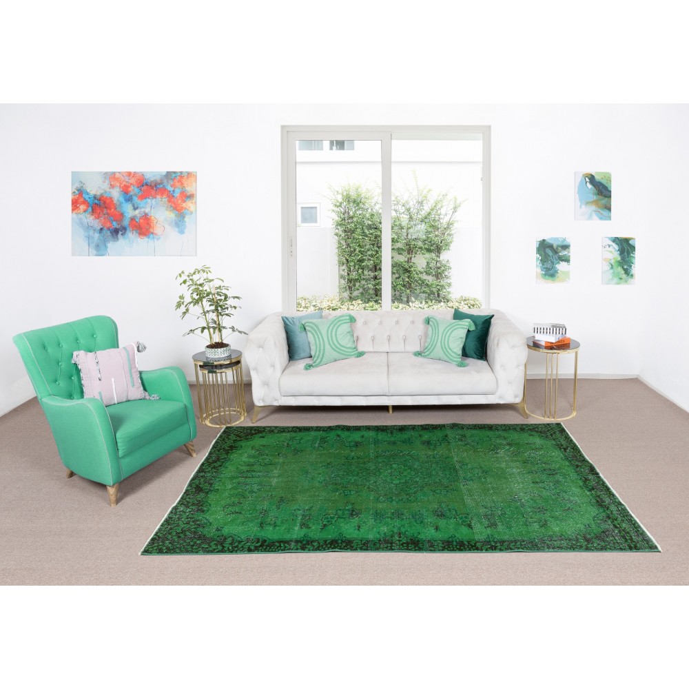 Home Decor Green Over-Dyed Rug with Floral Medallion Design, Handmade Turkish Wool Carpet