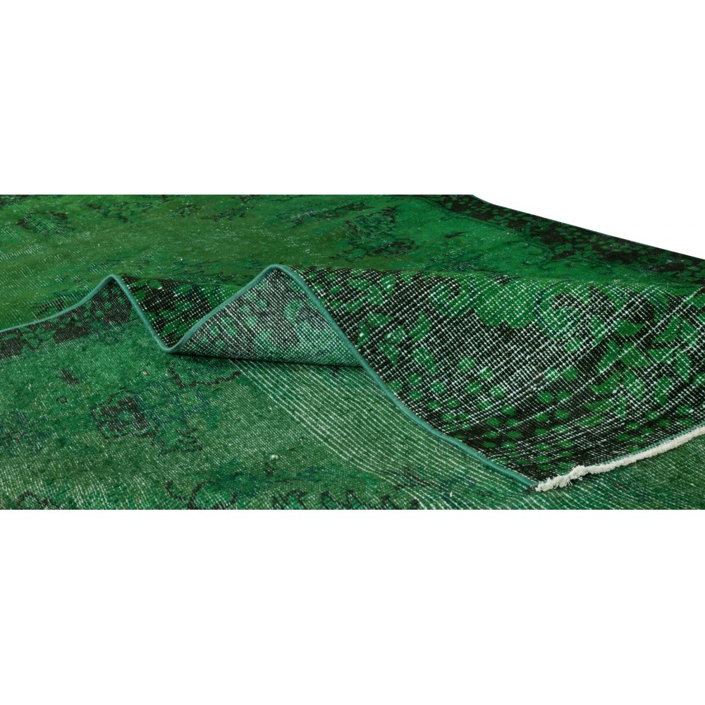 Home Decor Green Over-Dyed Rug with Floral Medallion Design, Handmade Turkish Wool Carpet