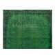 Home Decor Green Over-Dyed Rug with Floral Medallion Design, Handmade Turkish Wool Carpet