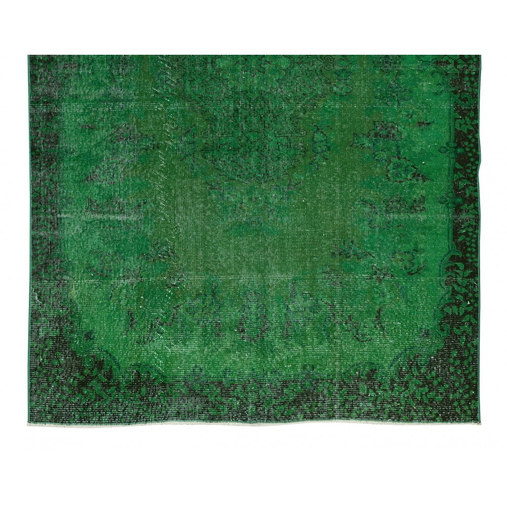 Home Decor Green Over-Dyed Rug with Floral Medallion Design, Handmade Turkish Wool Carpet