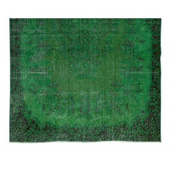 Home Decor Green Over-Dyed Rug with Floral Medallion Design, Handmade 1960s Turkish Wool Carpet