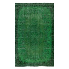 Home Decor Green Over-Dyed Rug with Floral Medallion Design, Handmade Turkish Wool Carpet