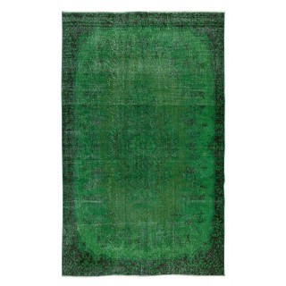 Home Decor Green Over-Dyed Rug with Floral Medallion Design, Handmade Turkish Wool Carpet