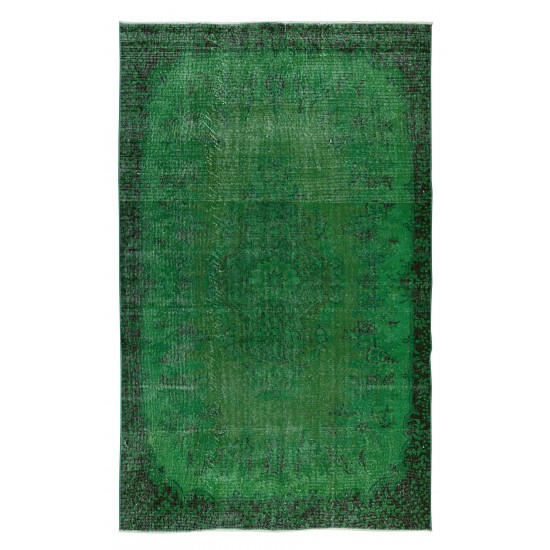 Home Decor Green Over-Dyed Rug with Floral Medallion Design, Handmade 1960s Turkish Wool Carpet