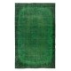 Home Decor Green Over-Dyed Rug with Floral Medallion Design, Handmade Turkish Wool Carpet