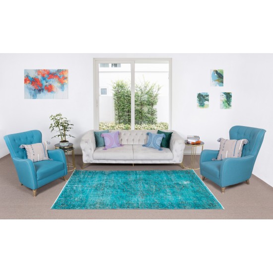 Contemporary Hand-Knotted Area Rug. Vintage Turkish Wool Carpet Over-Dyed in Teal Color