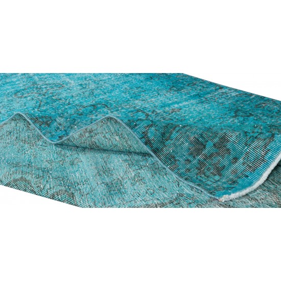 Contemporary Hand-Knotted Area Rug. Vintage Turkish Wool Carpet Over-Dyed in Teal Color