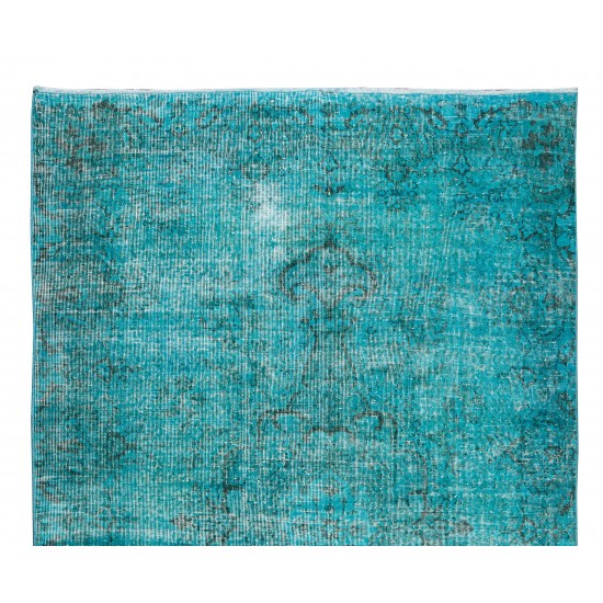 Contemporary Hand-Knotted Area Rug. Vintage Turkish Wool Carpet Over-Dyed in Teal Color Contemporary Hand-Knotted Area Rug. Vintage Turkish Wool Carpet Over-Dyed in Teal Color