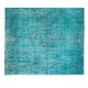 Contemporary Hand-Knotted Area Rug. Vintage Turkish Wool Carpet Over-Dyed in Teal Color