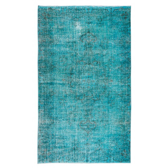 Contemporary Hand-Knotted Area Rug. Vintage Turkish Wool Carpet Over-Dyed in Teal Color