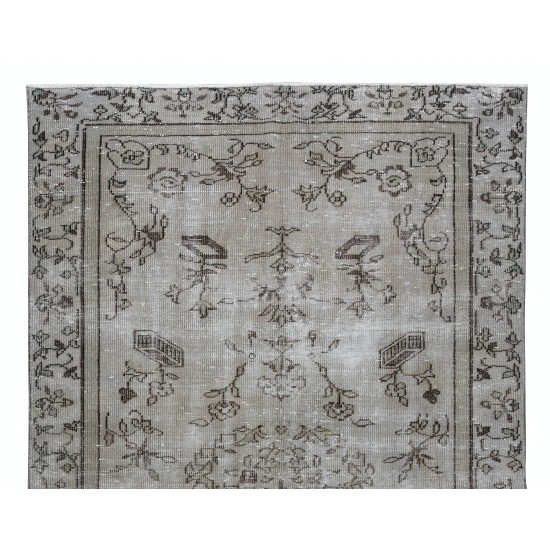 Floral Pattern Vintage Turkish Area Rug Over-Dyed in Gray, Hand-Knotted Modern Carpet