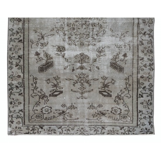 Floral Pattern Vintage Turkish Area Rug Over-Dyed in Gray, Hand-Knotted Modern Carpet